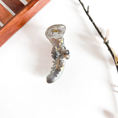 Smoky grey glimmer bow banana clip with rhinestone embellishment, 8cm medium clip