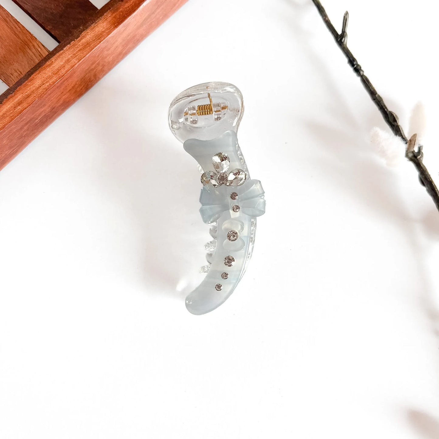 White glimmer bow banana clip with rhinestone scatter detail, 8cm medium banana clip