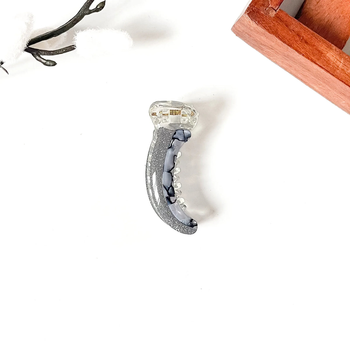 Glitz glitter banana clip silver frame with black marble