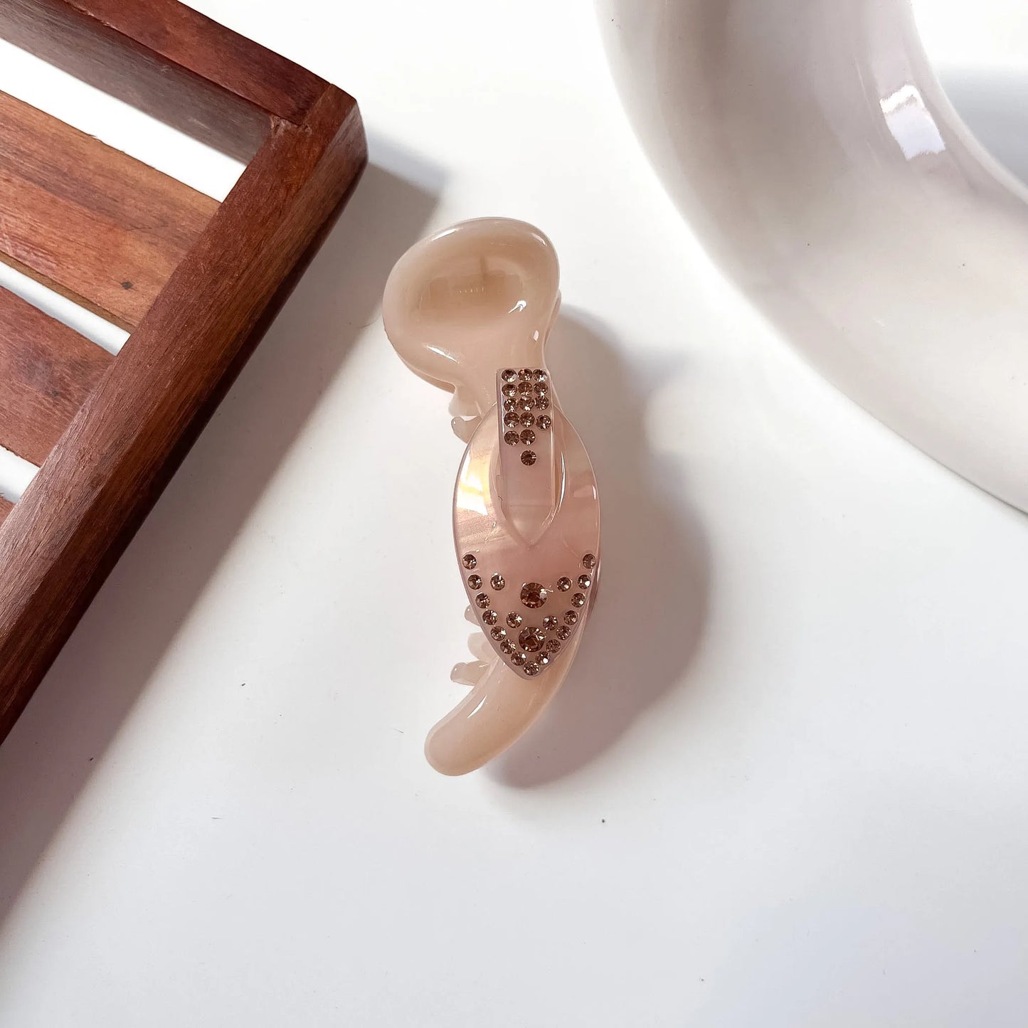 Blush peach gloss gem banana clip with rose gold rhinestone accent