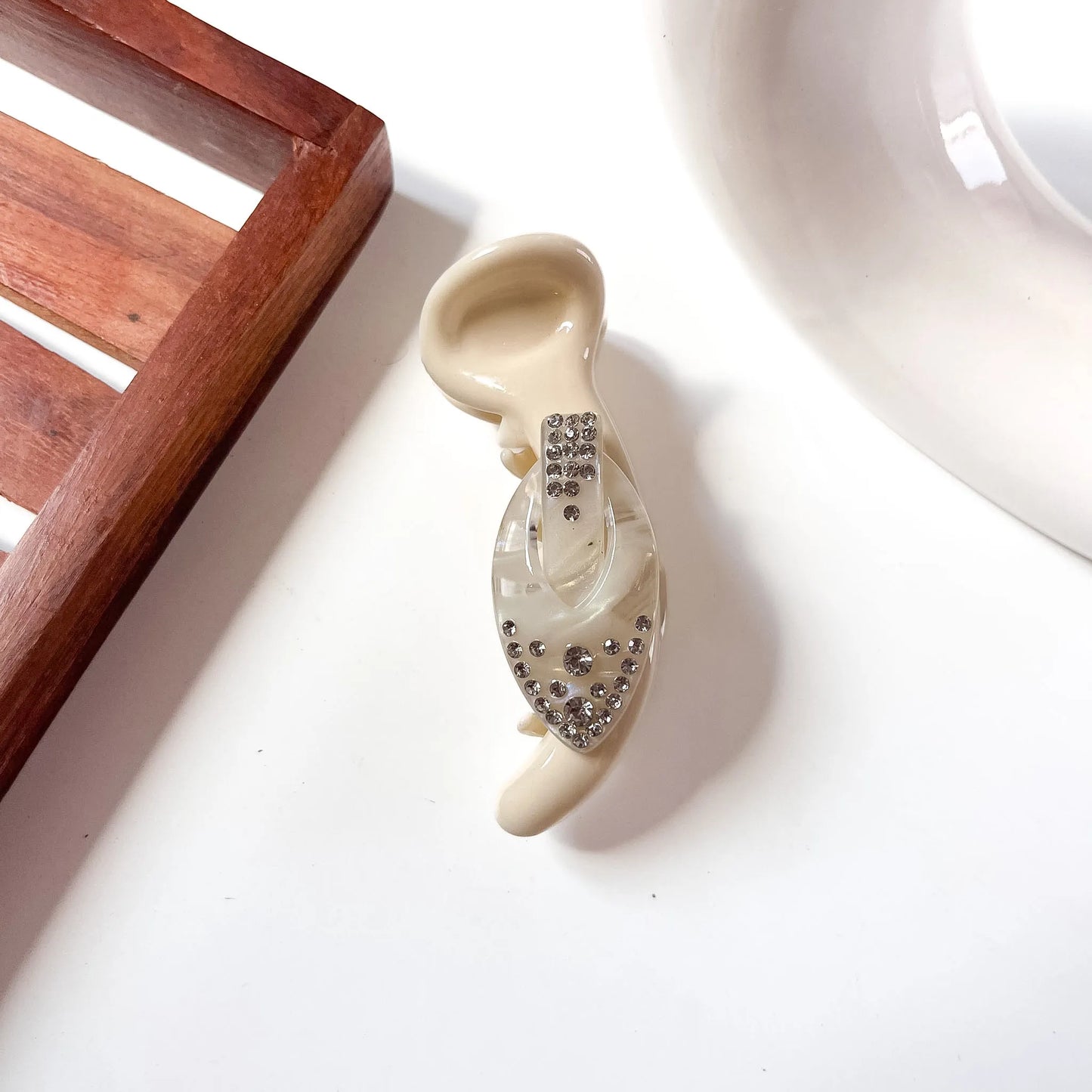 Ivory gloss gem banana clip with silver rhinestone gem detail for thick hair