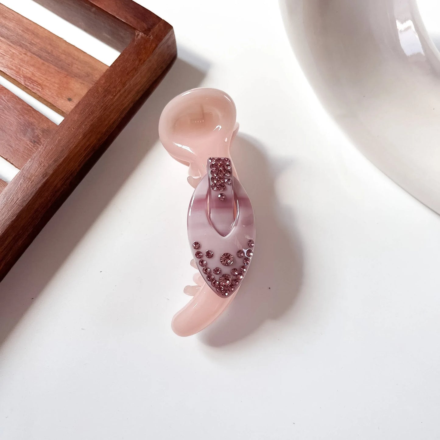 Pink gloss gem banana hair clip with rhinestone marquise panel