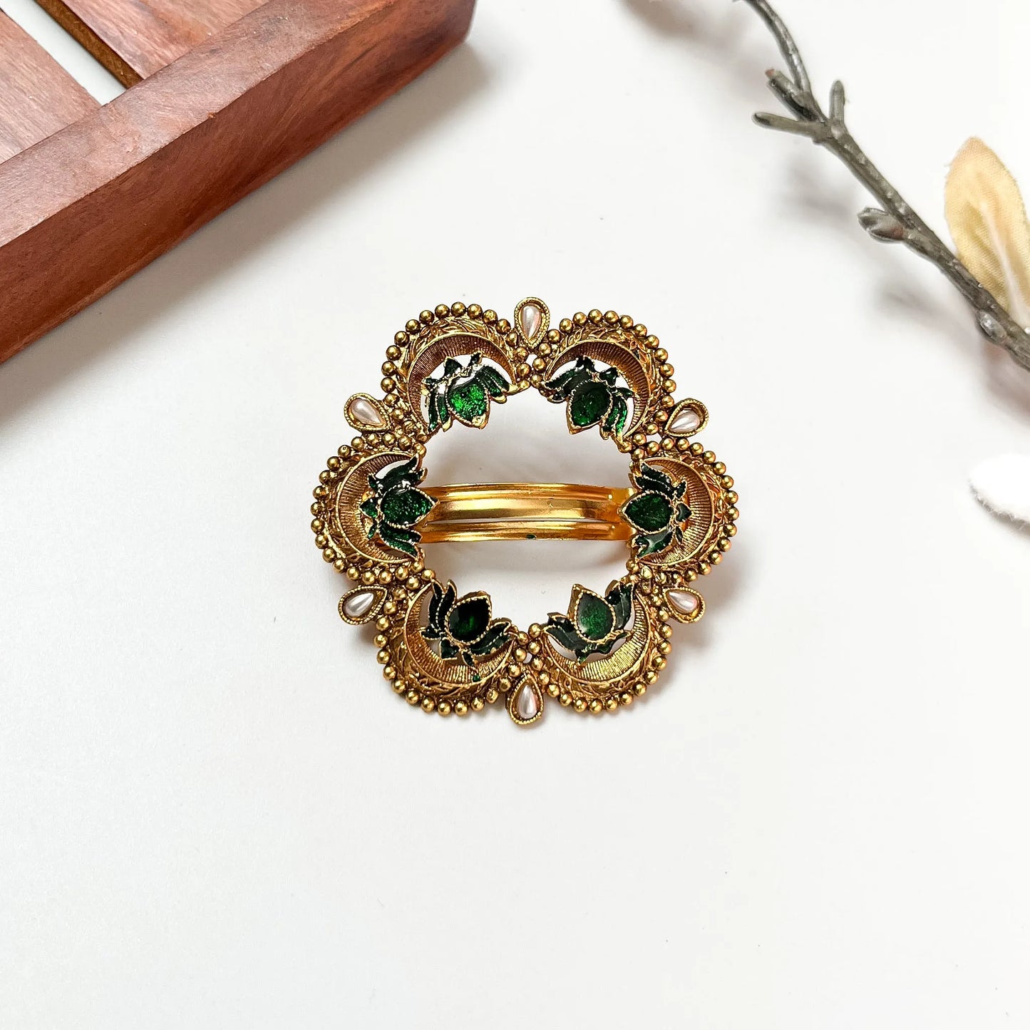 Emerald gemstone granulated leaf wreath barrette with textured brass spheres, antique gold 4cm