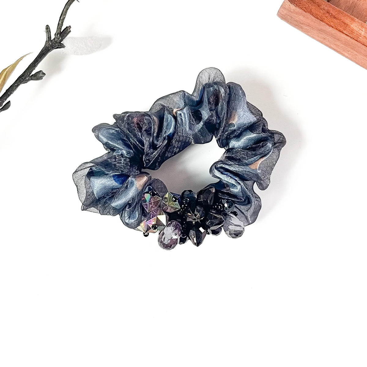Graphite grey beaded scrunchie with black crystal charms