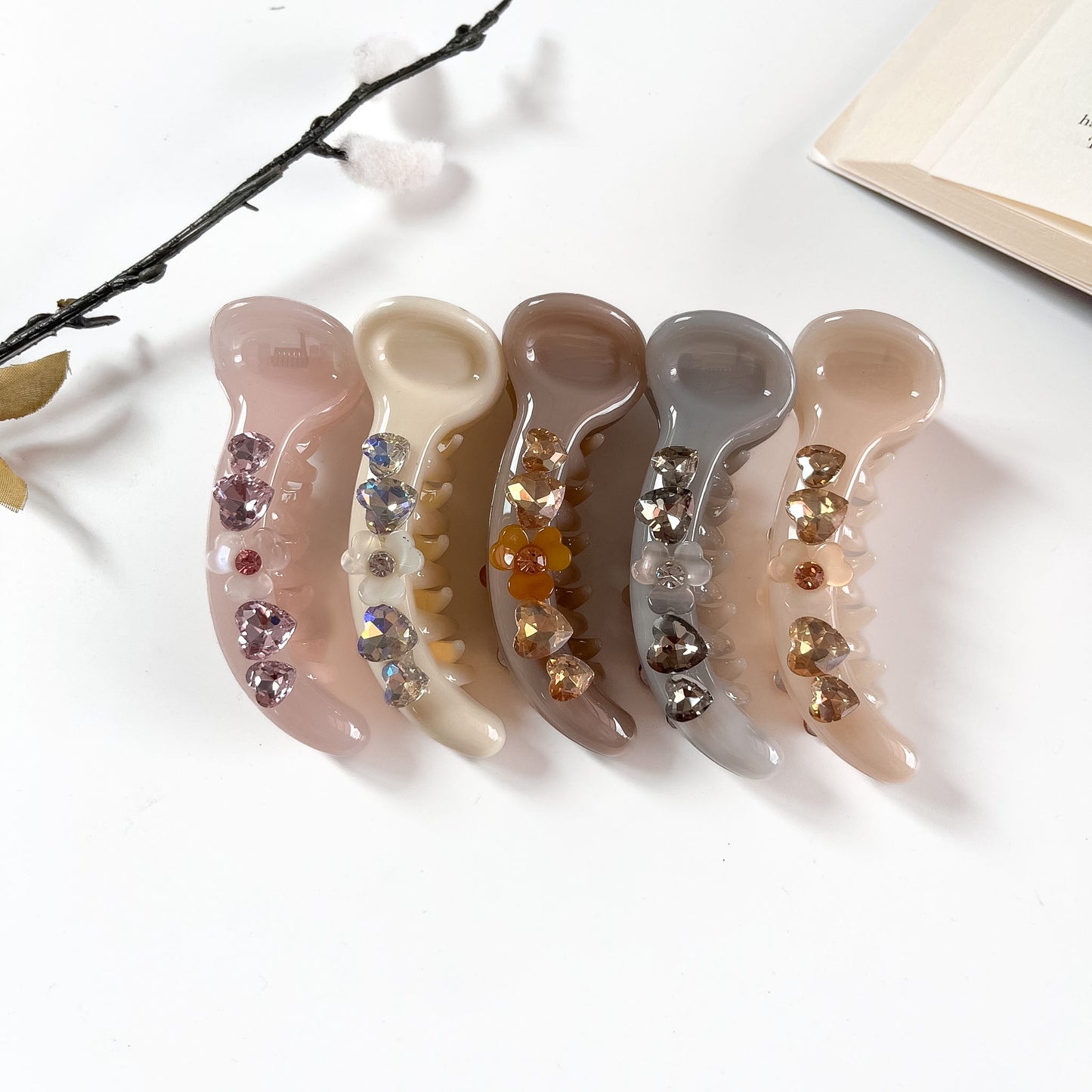 Heart crystal matte banana clip in 5 colours for women