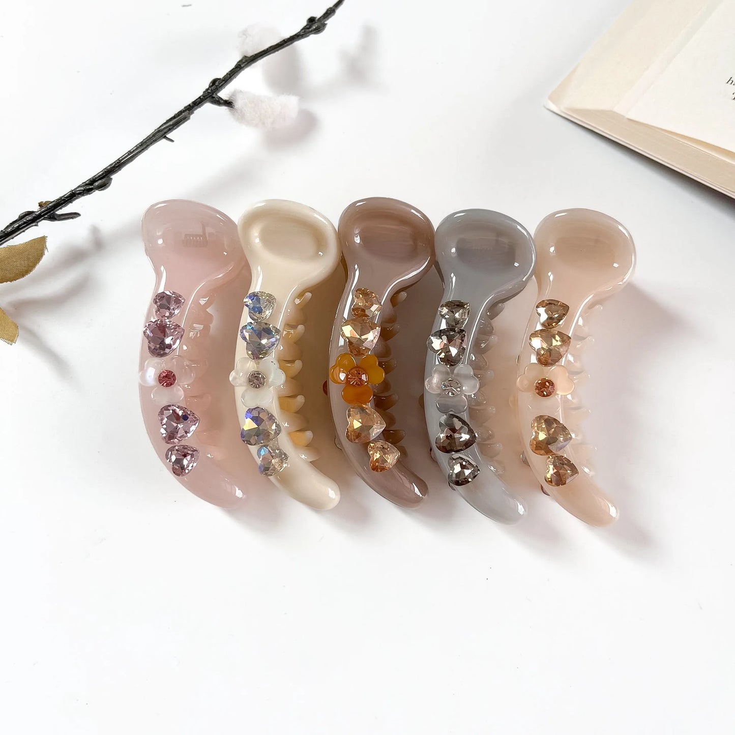 Heart crystal matte banana clip in 5 colours for women