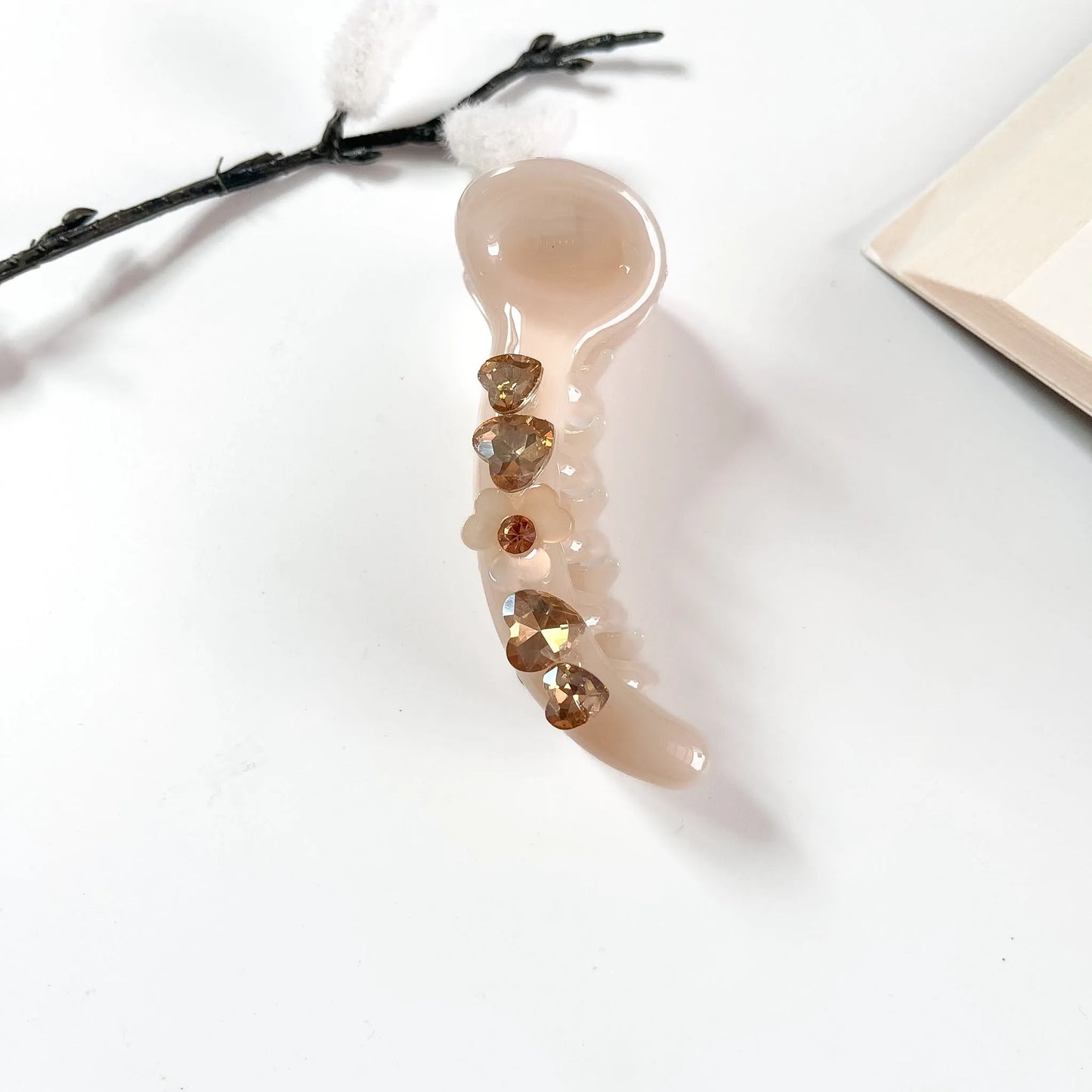 Blush pink matte banana clip with heart crystals