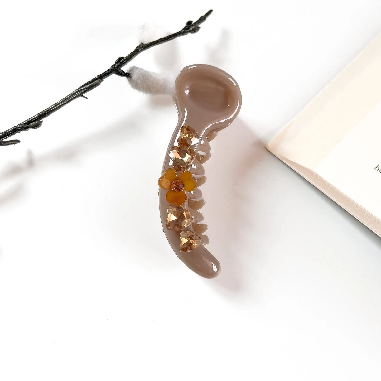 Champagne matte banana clip with crystal hearts for hair