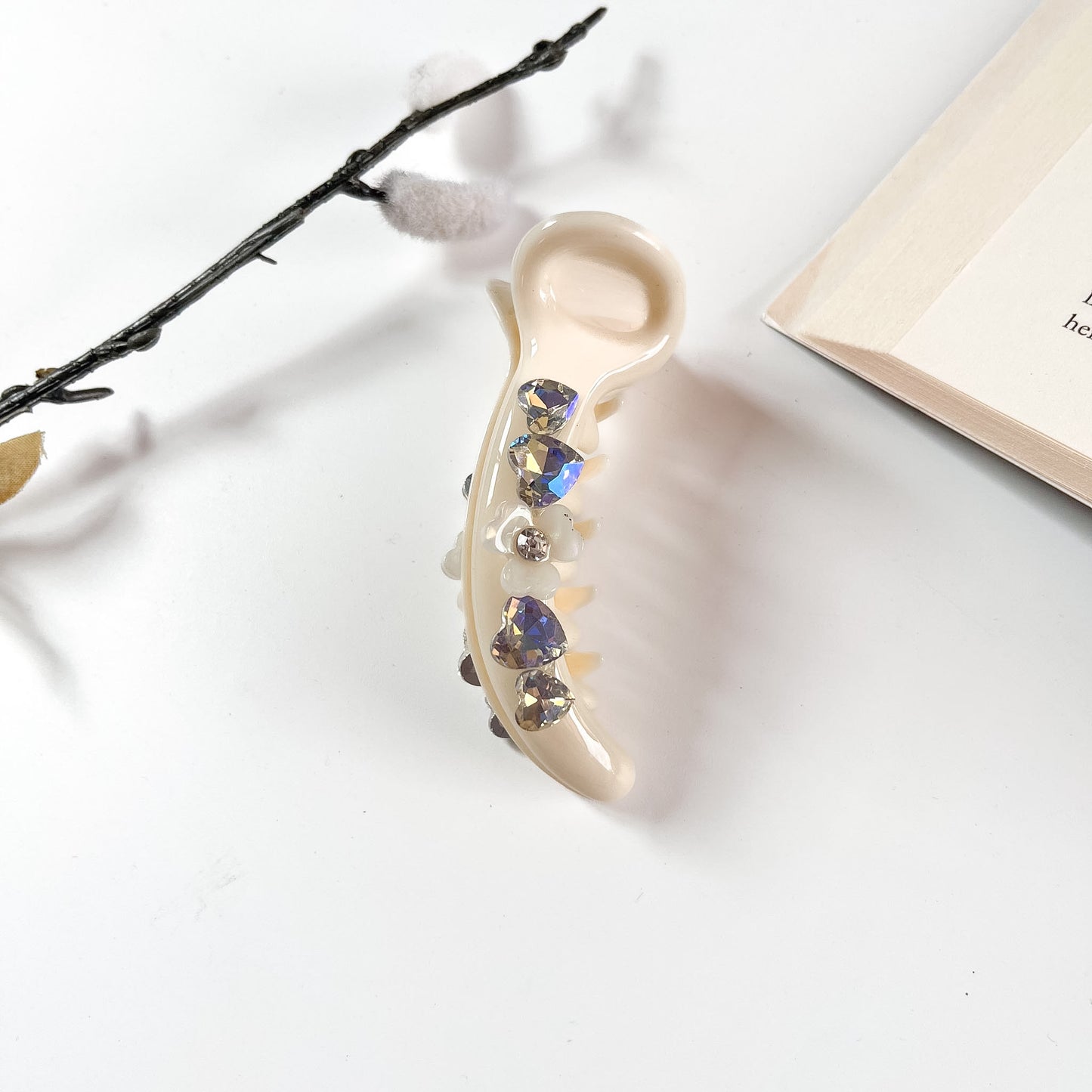 Ivory matte banana clip with heart crystals for hair