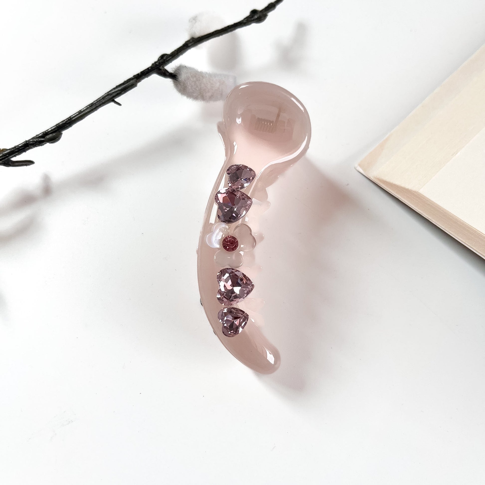 Taupe matte banana clip with crystal hearts and flower charm