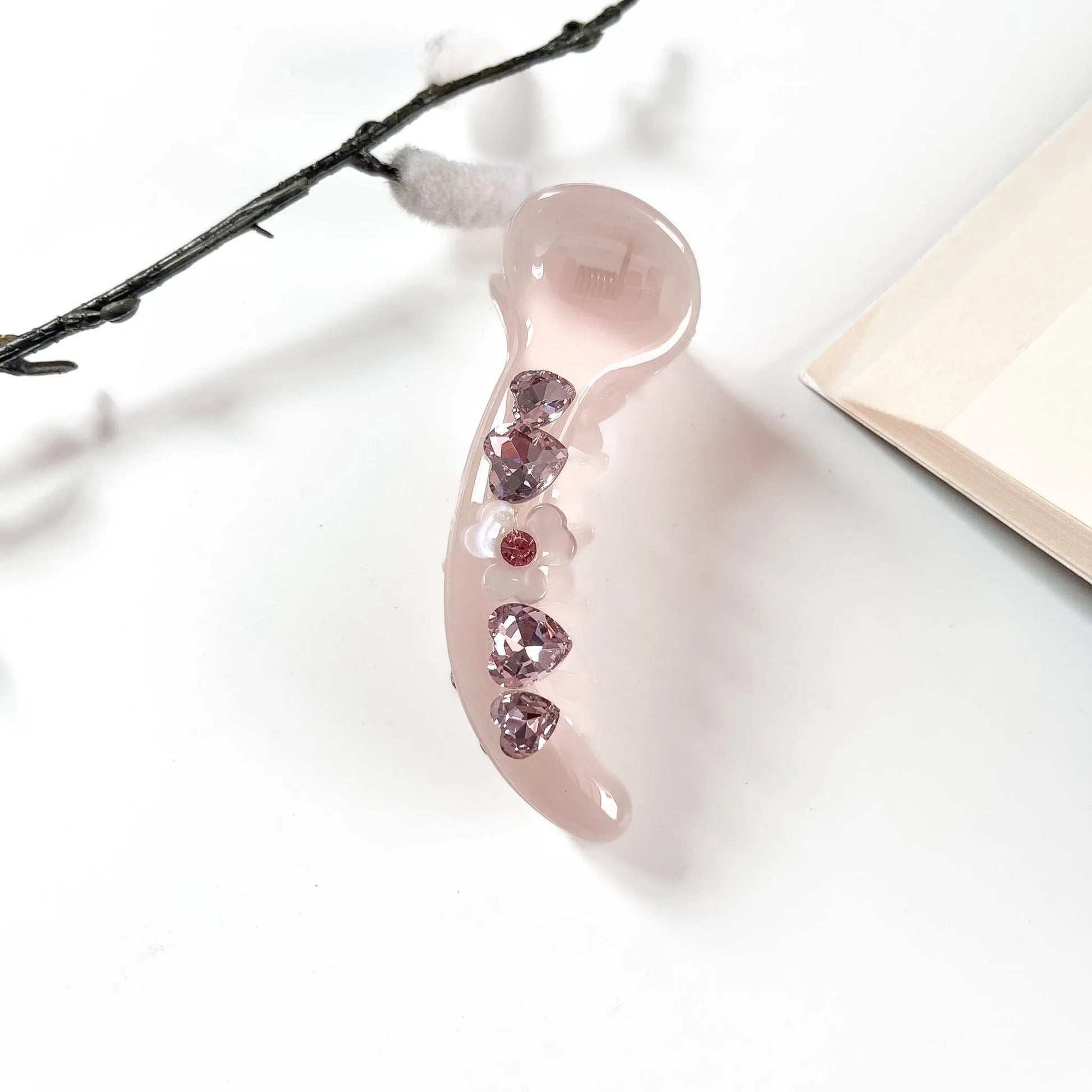 Taupe matte banana clip with crystal hearts and flower charm