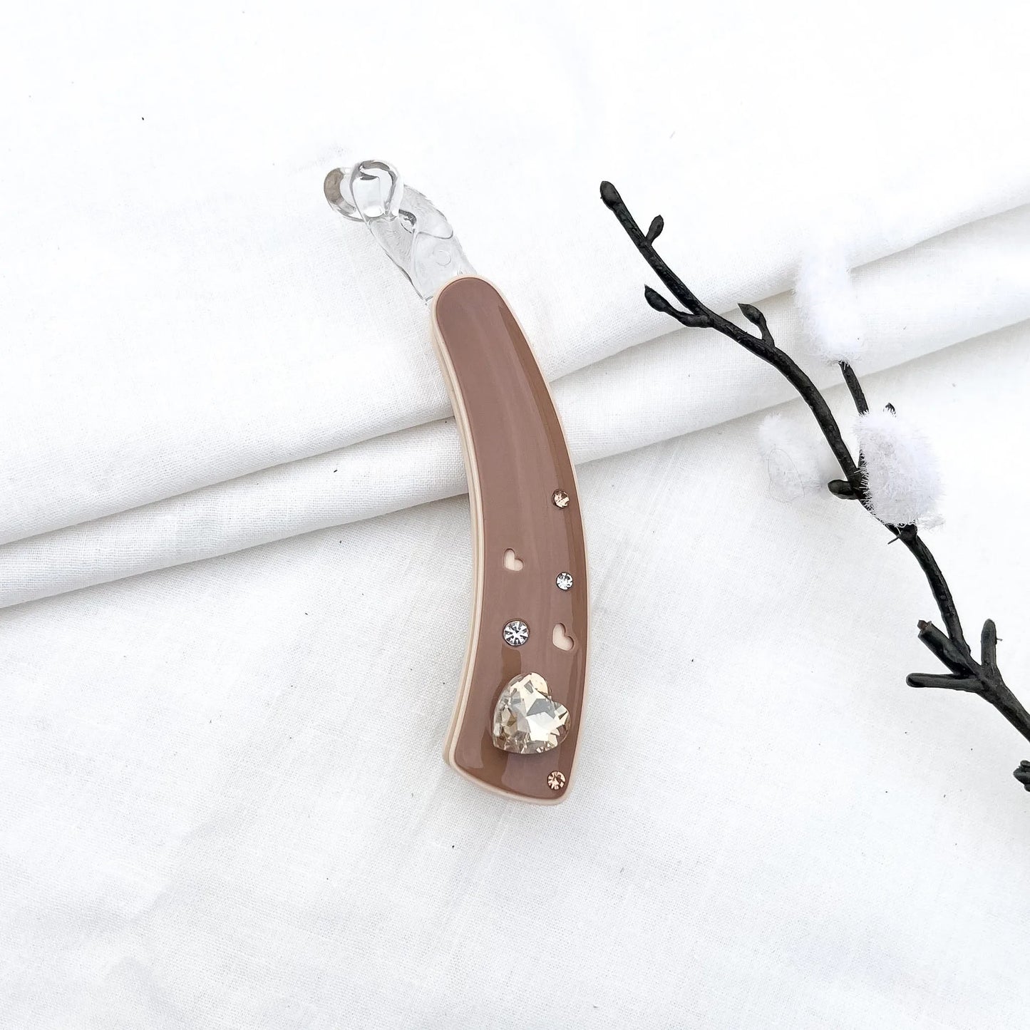 Taupe/brown lock banana clip with faceted heart gem and rhinestone embellishments