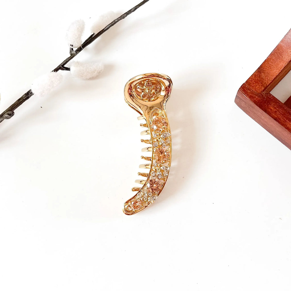 Gold metal banana clip with champagne peach stones, 8 cm metal banana hair clip with stones