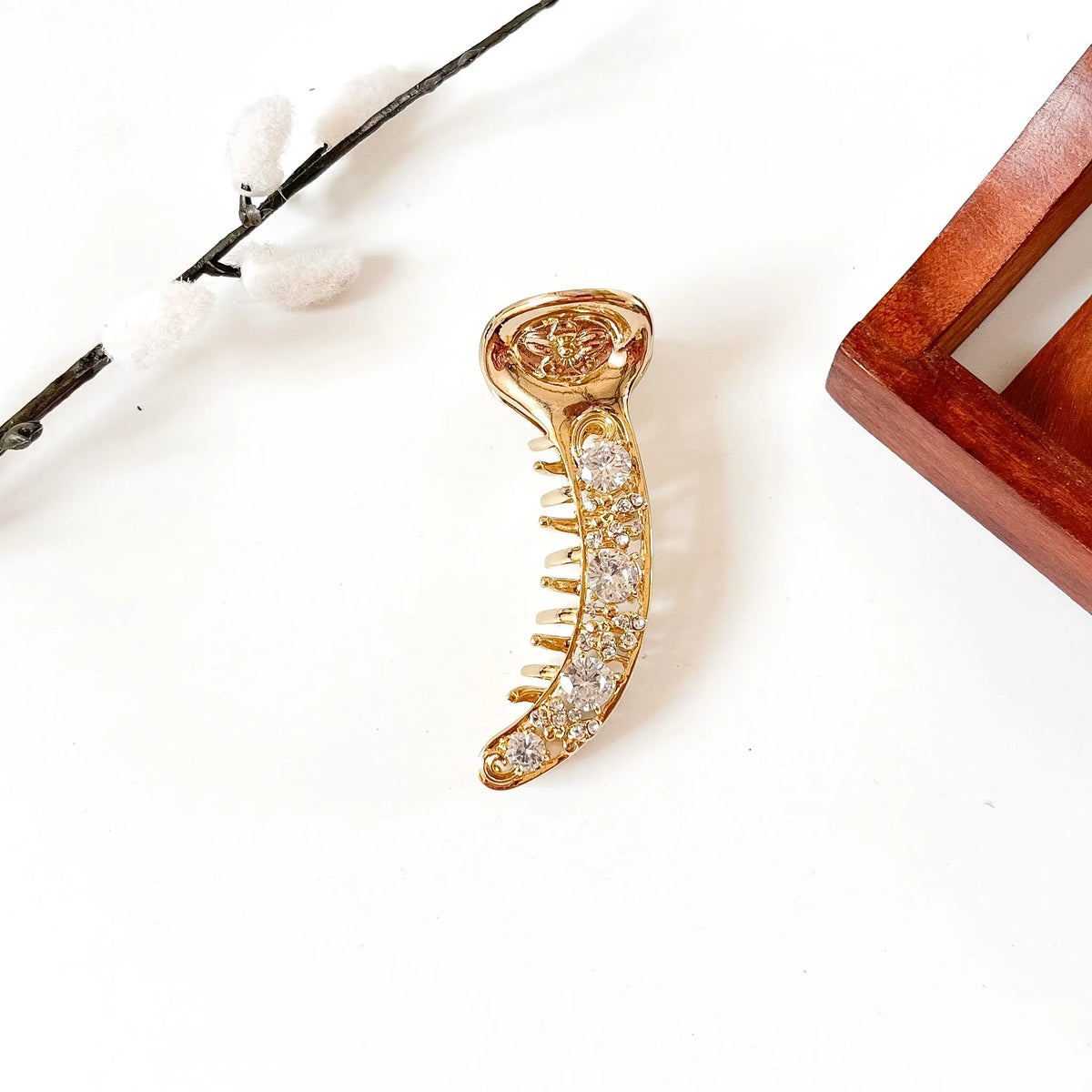 Gold metal banana clip with crystal clear stones, 8 cm anti-tarnish bridal banana clip for medium hair