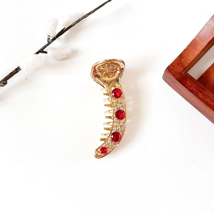 Gold metal banana clip with ruby red stones, 8 cm anti-tarnish gold banana clip for festive wear