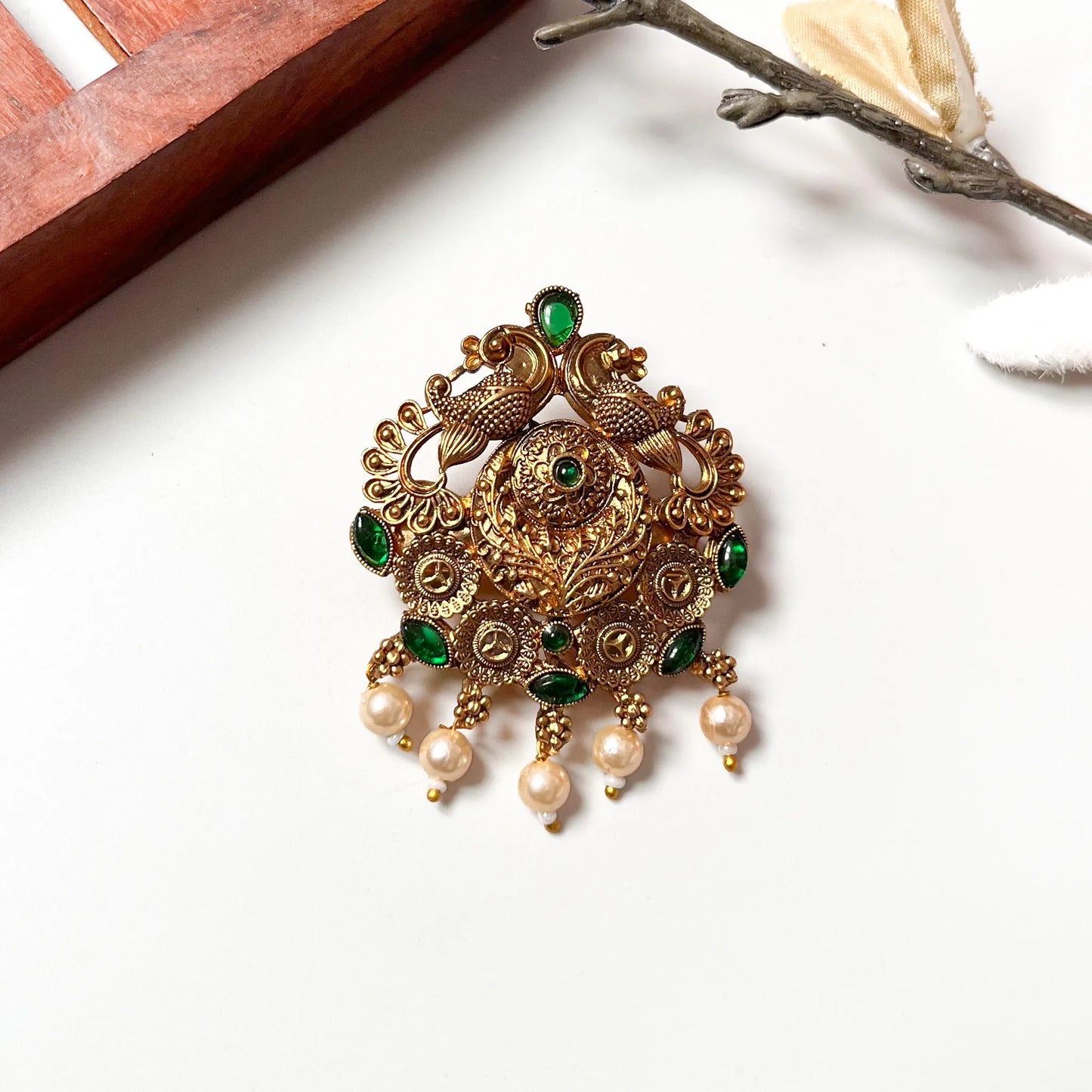 Emerald heritage peacock pearl barrette with dual peacocks and cream pearl dangles, 2.5cm