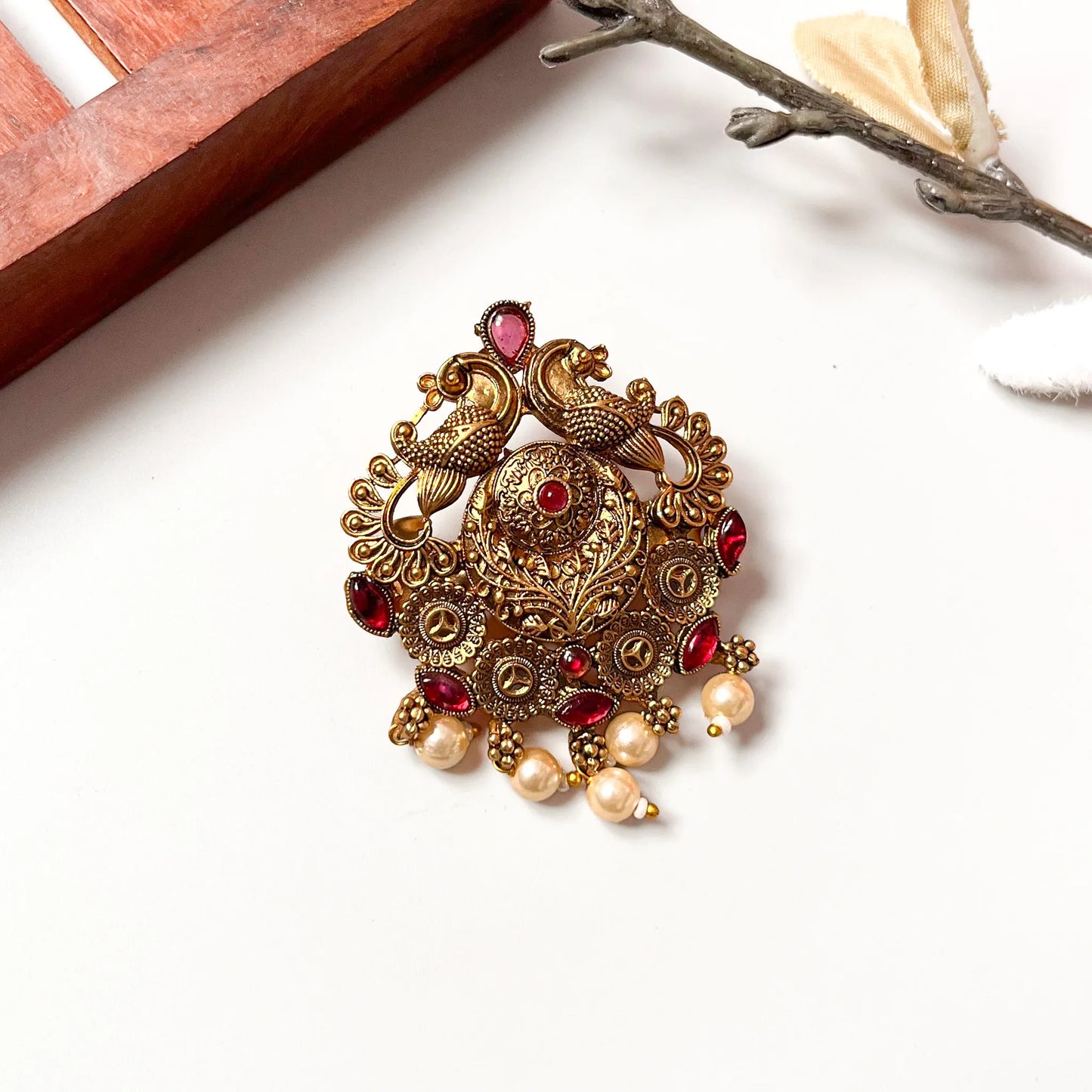 Ruby heritage peacock pearl barrette with dual peacock motifs and dangling pearls, 2.5cm
