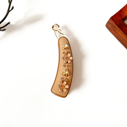 Honey golden jeweled blossom banana clip with amber rhinestones and flower details, large size for all hair types