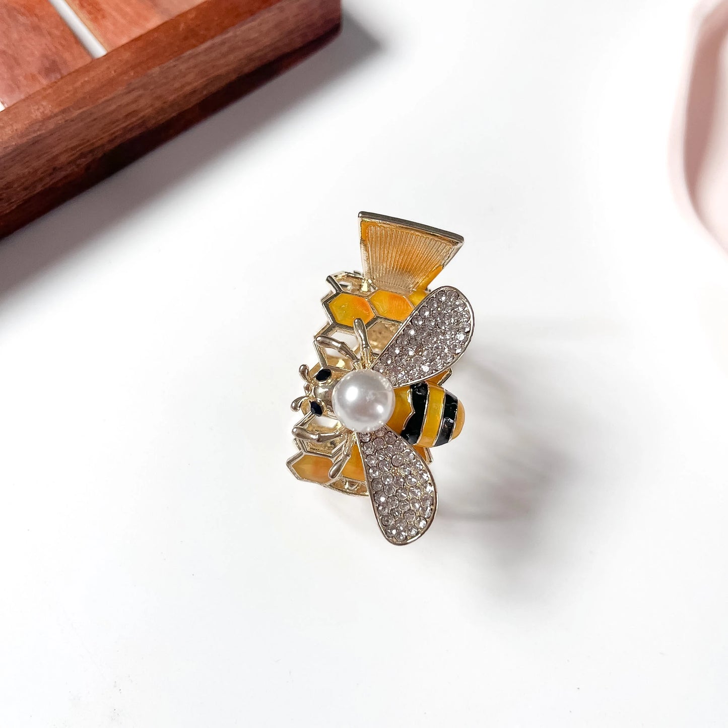 Honeybee pearl ponytail cuff gold metal pony cuff with crystal rhinestone wings and enamel honeycomb