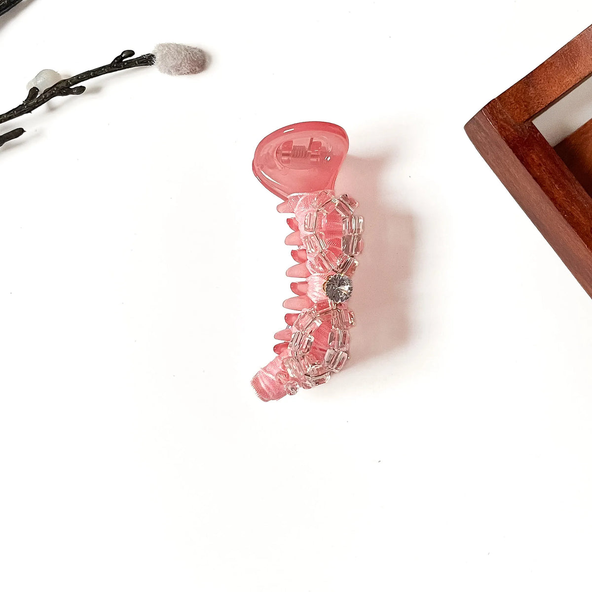 Blush pink fancy banana clip for hair with clear crystal bow, 8cm