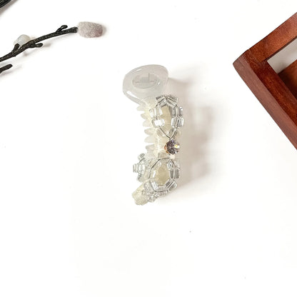 Crystal clear white bow banana clip with ice cube crystals, medium 8cm