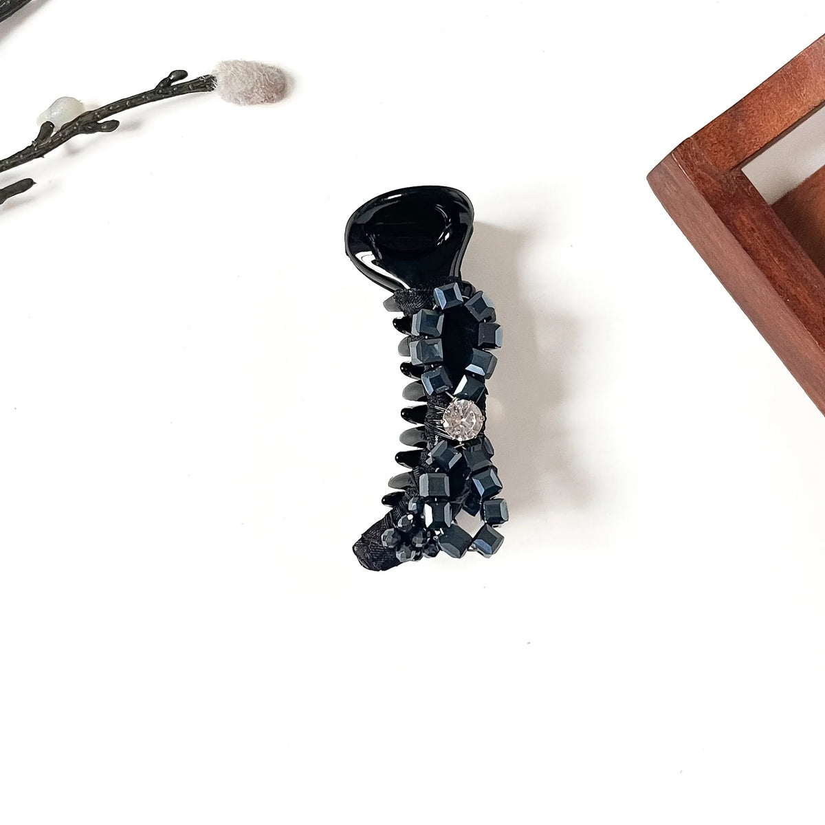 Jet black bow banana clip with cube-cut black crystals and rhinestone, 8cm