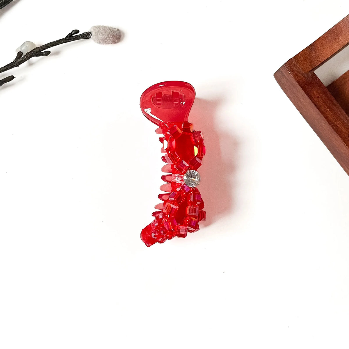 Ruby red crystal bow banana clip with AB cube stones, fancy 8cm