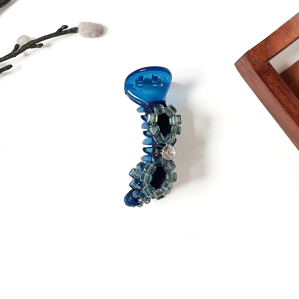 Sapphire blue stylish banana clip with smoky cube crystal bow and rhinestone, 8cm