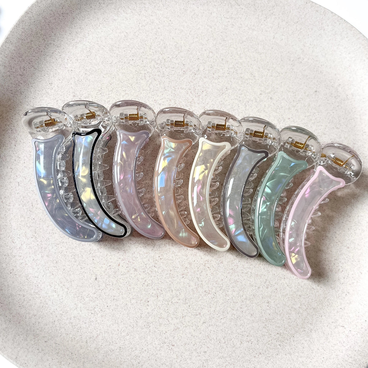 Iris shimmer banana clip in 7 colors grey mauve pink peach sage ivory