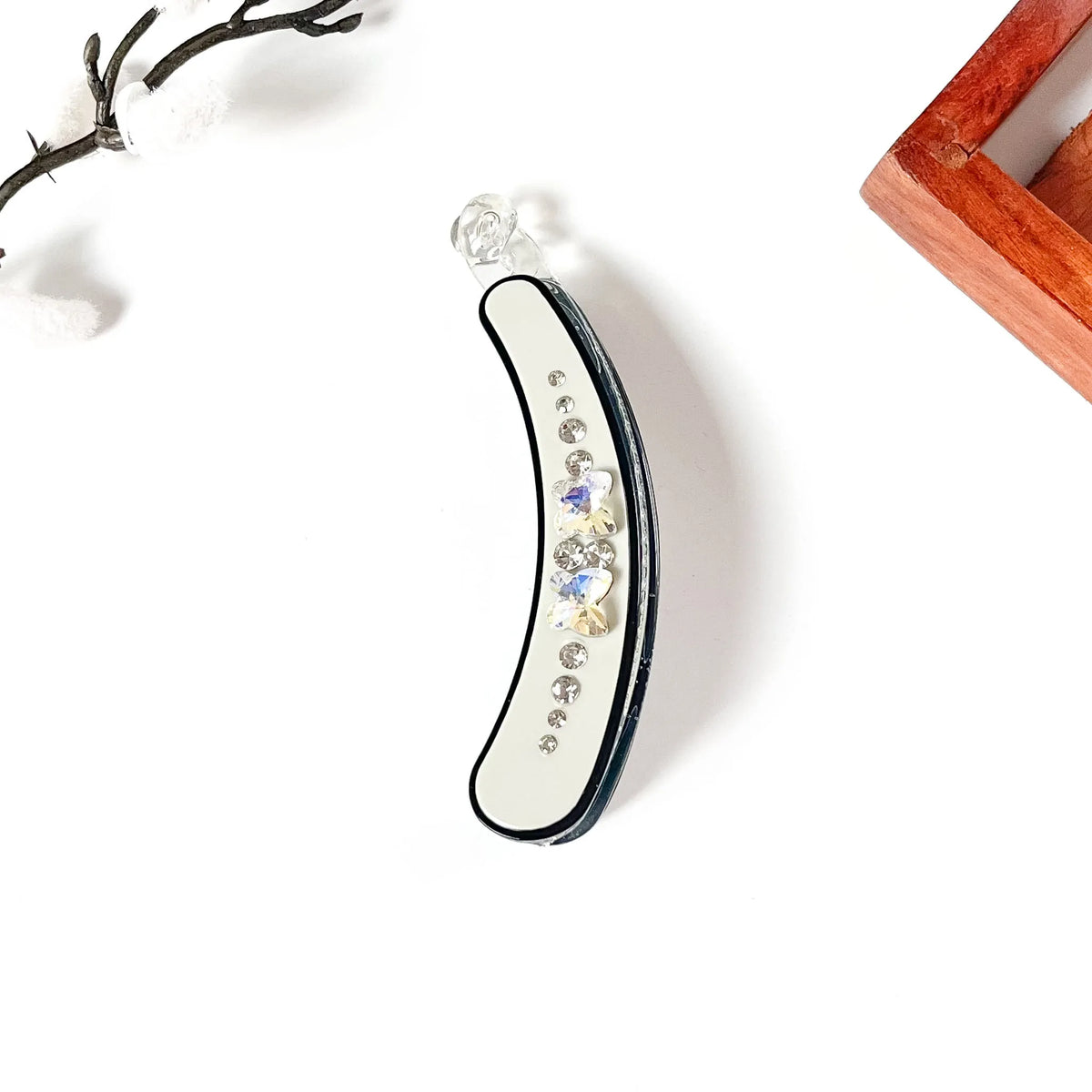 Ivory white rhinestone banana clip with black edge and butterfly crystals