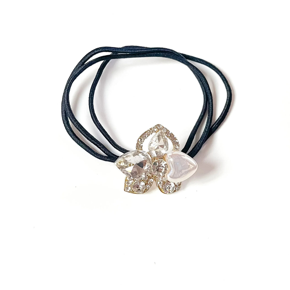 Ivory white fancy ponytail holder with clear teardrop crystals and pearl heart on black elastic hair tie