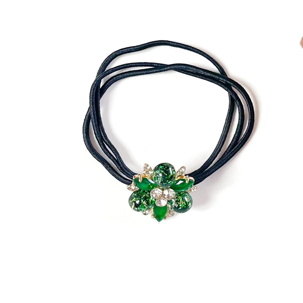Jade green fancy hair elastic with green glitter stones and emerald crystals, crystal hair tie for women