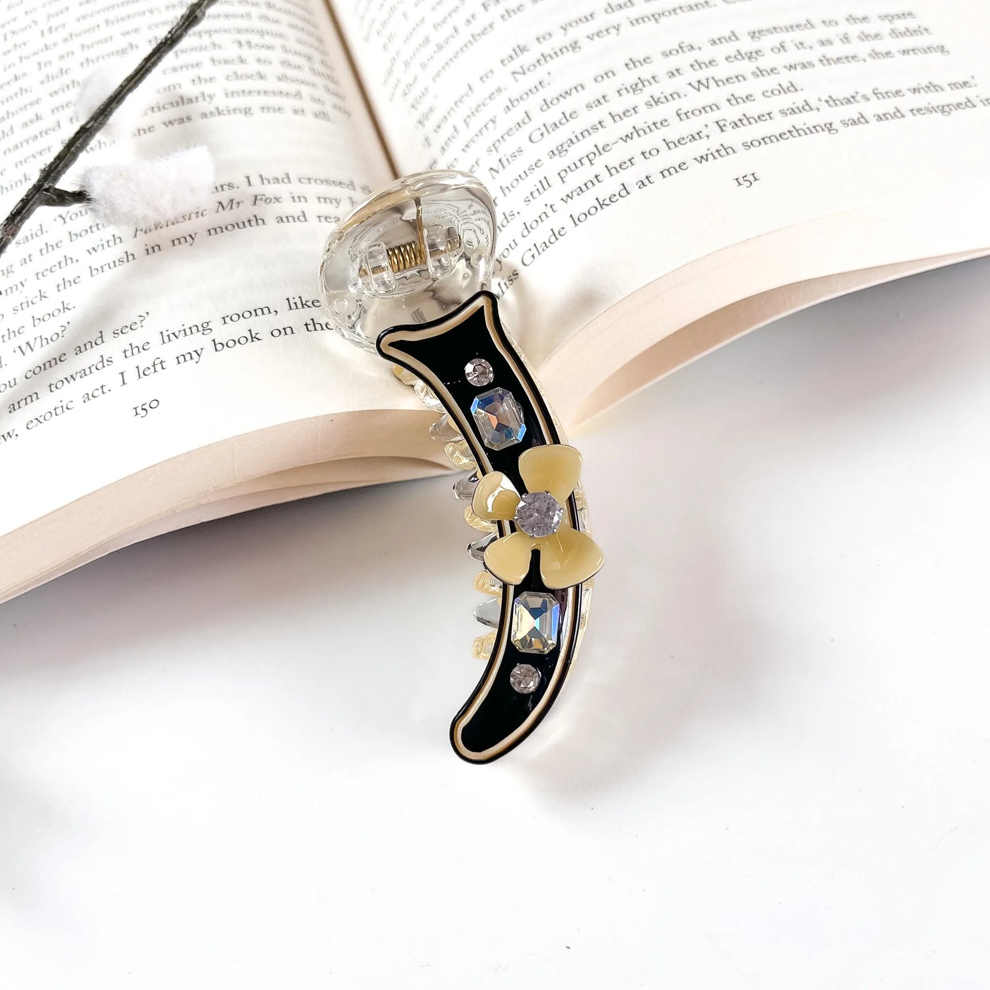 Black jewel flower banana clip for hair
