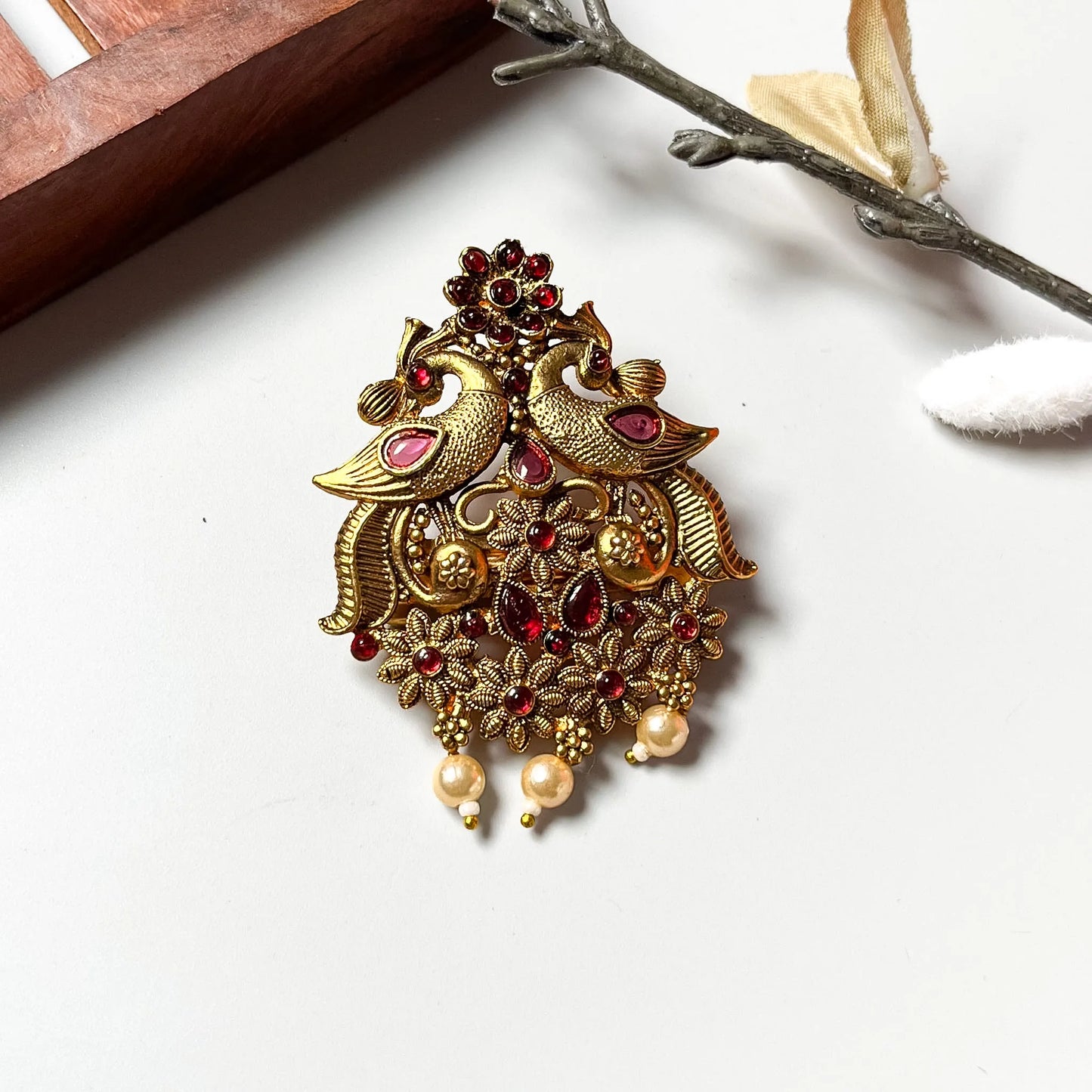 Bridal peacock hair clip with ruby, emerald & amber stones, three lustrous pearl drops, 2.5cm ornate barrette