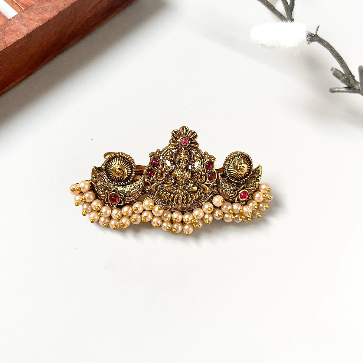 Lakshmi pearl crown barrette with ruby gemstones and cascading pearl drops, antique gold 4.5cm bridal clip
