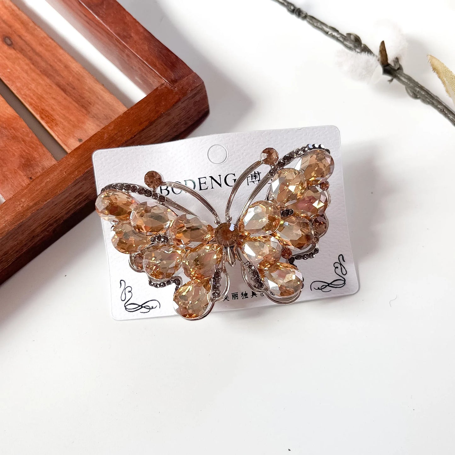 Champagne gold large crystal butterfly barrette with faceted gemstone wings
