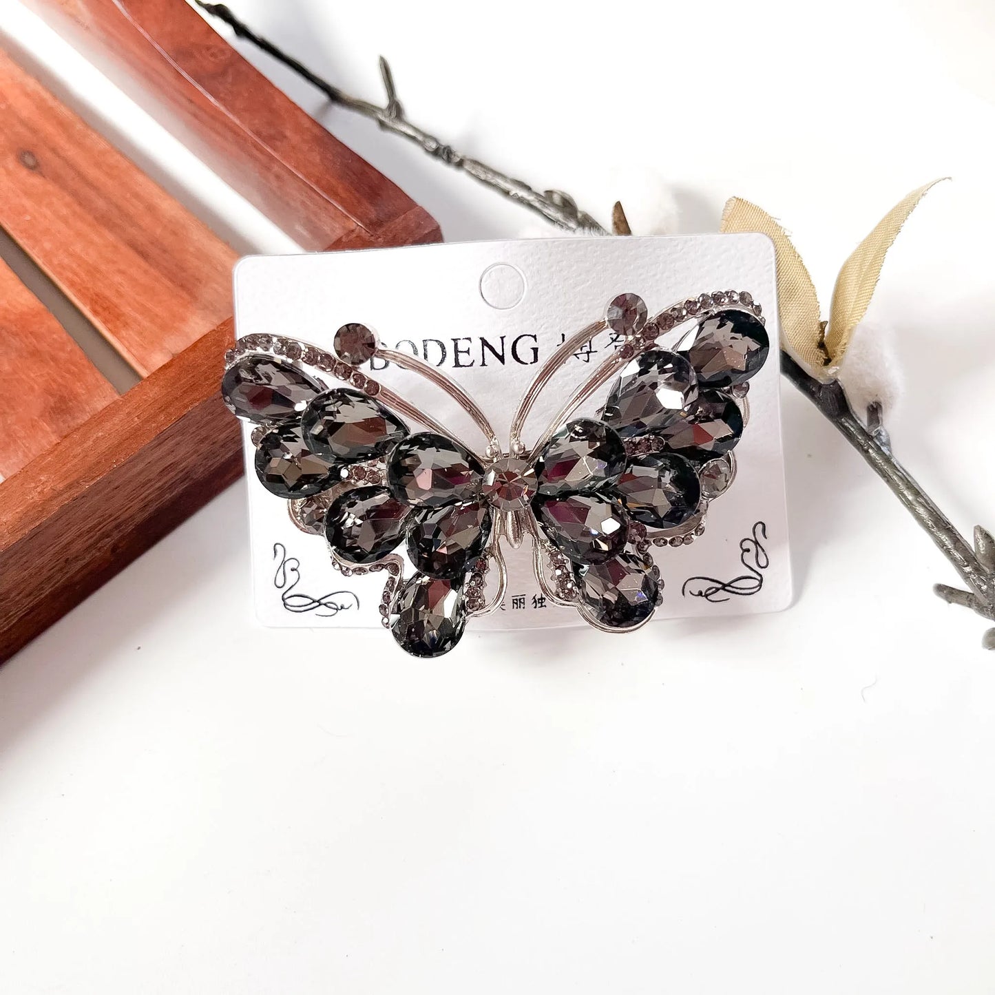 Gunmetal grey large crystal butterfly barrette jewelled butterfly hair clip