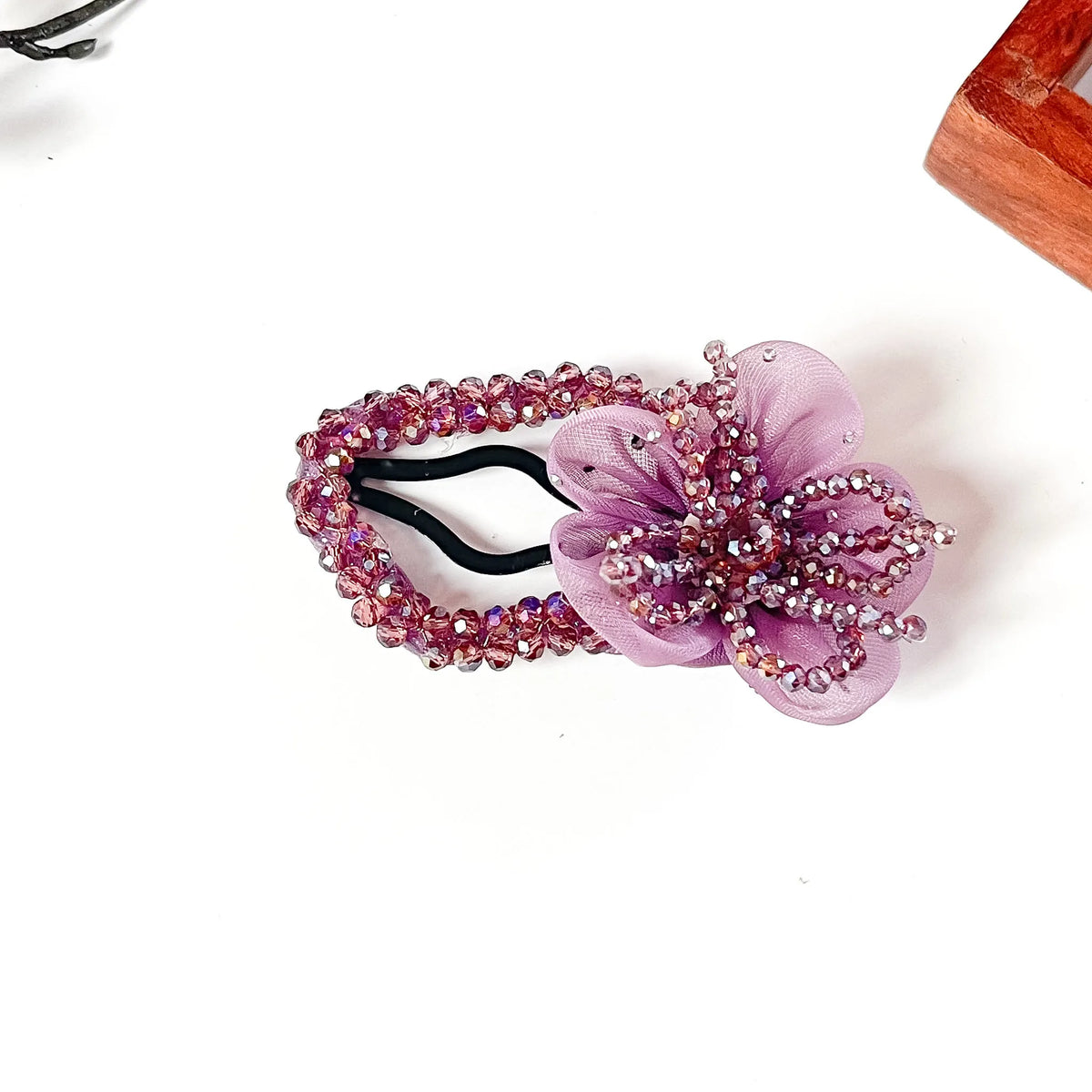 Lilac purple beaded tic tac hair clip with organza flower, festive wear