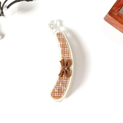Cream linen lock banana clip with warm tan plaid interior and brown flower accent, large 10cm fancy hair clip