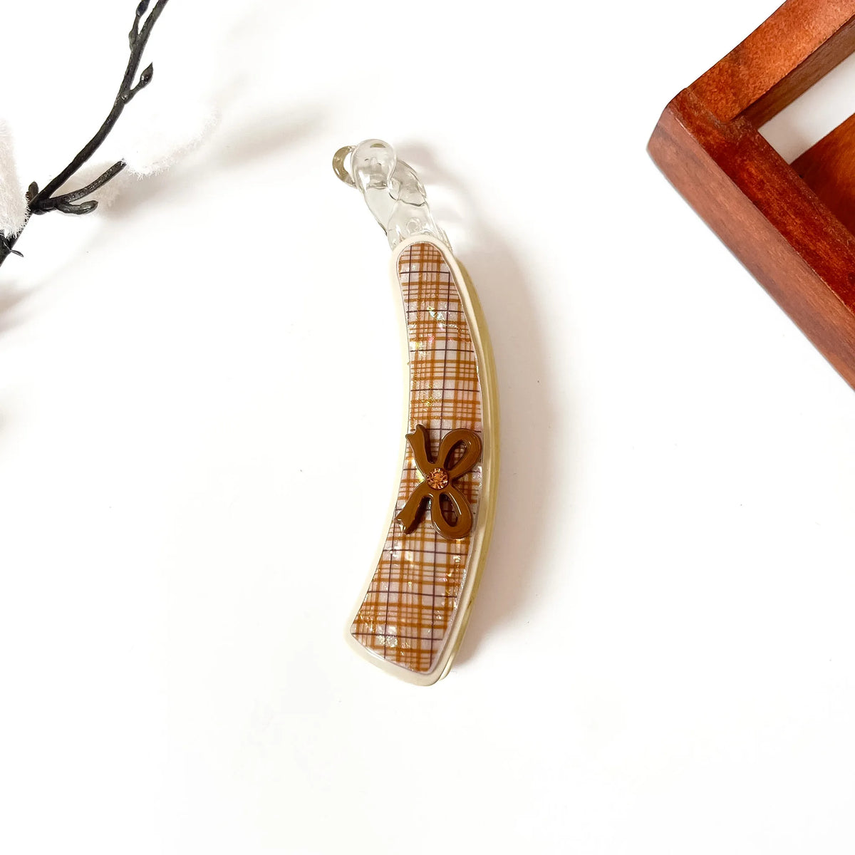 Cream linen lock banana clip with warm tan plaid interior and brown flower accent, large 10cm fancy hair clip