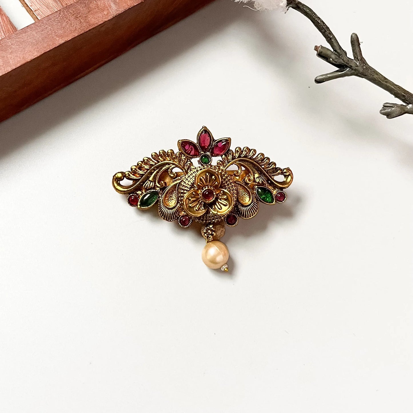 Vintage lotus pearl clip with mixed ruby and emerald crown, pearl drop, ornate brass filigree, 2.5cm