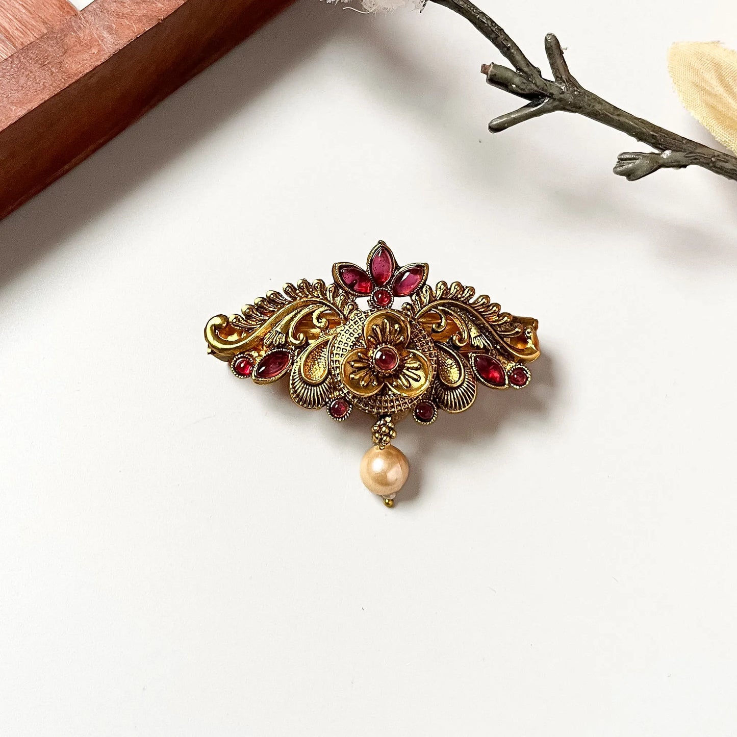 Lotus pearl centre clip with ruby gemstone crown, lustrous pearl drop, antique gold 2.5cm bridal barrette