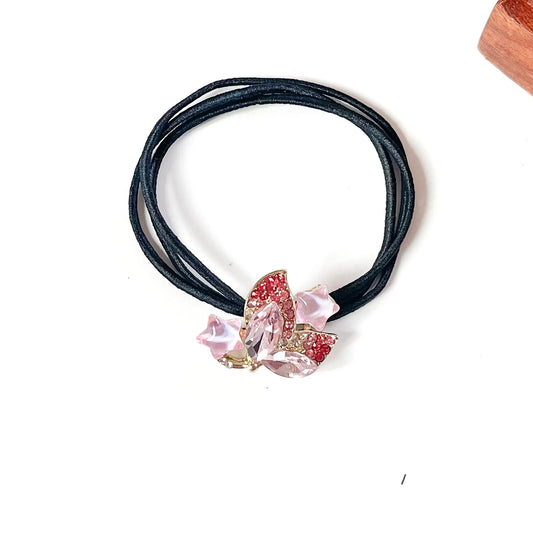 Lotus pink fancy rubber band for hair with pink crystal leaves and star charms, dressy hair tie for women