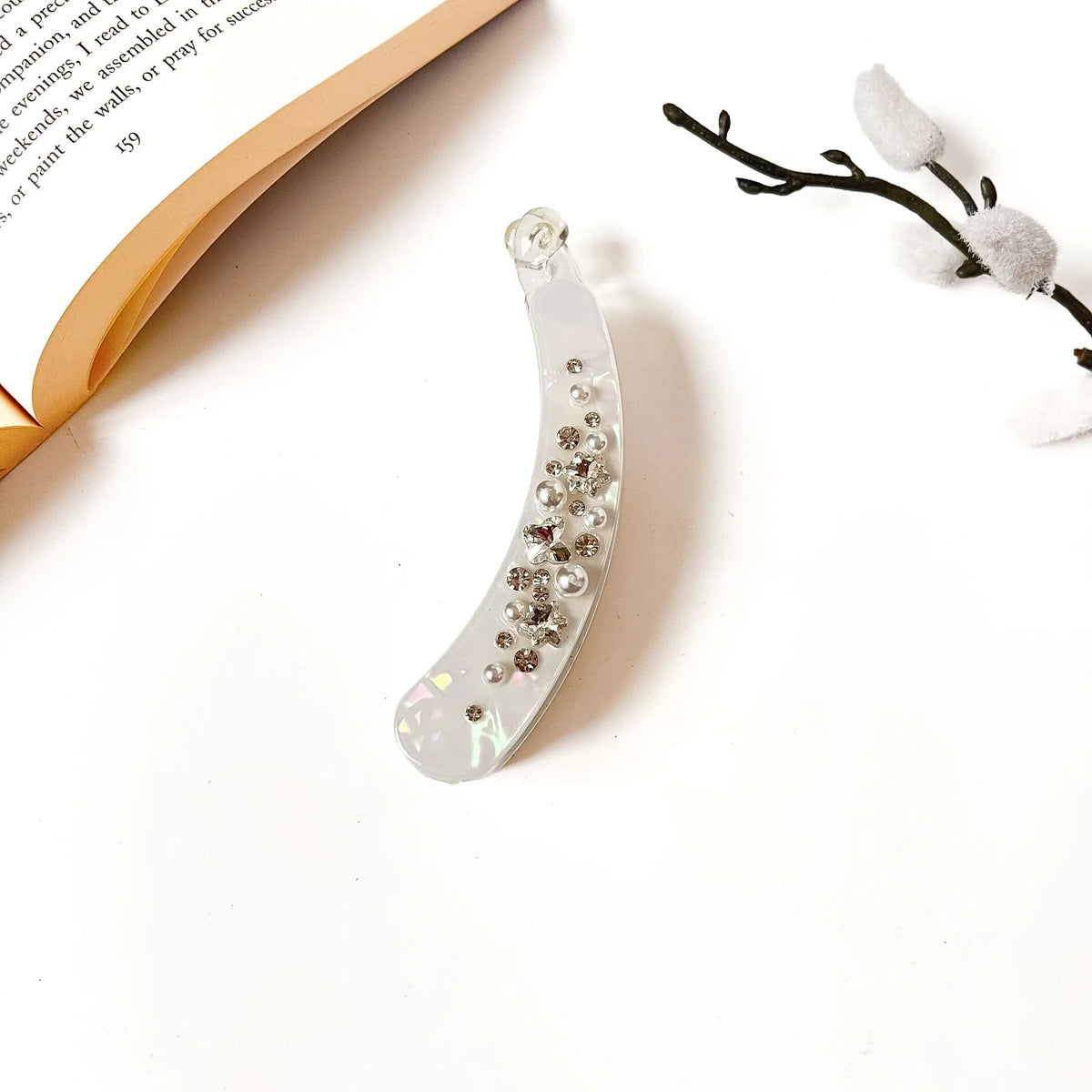 Clear frosted pearl banana hair clip with rhinestone embellishment, lightweight fancy clip
