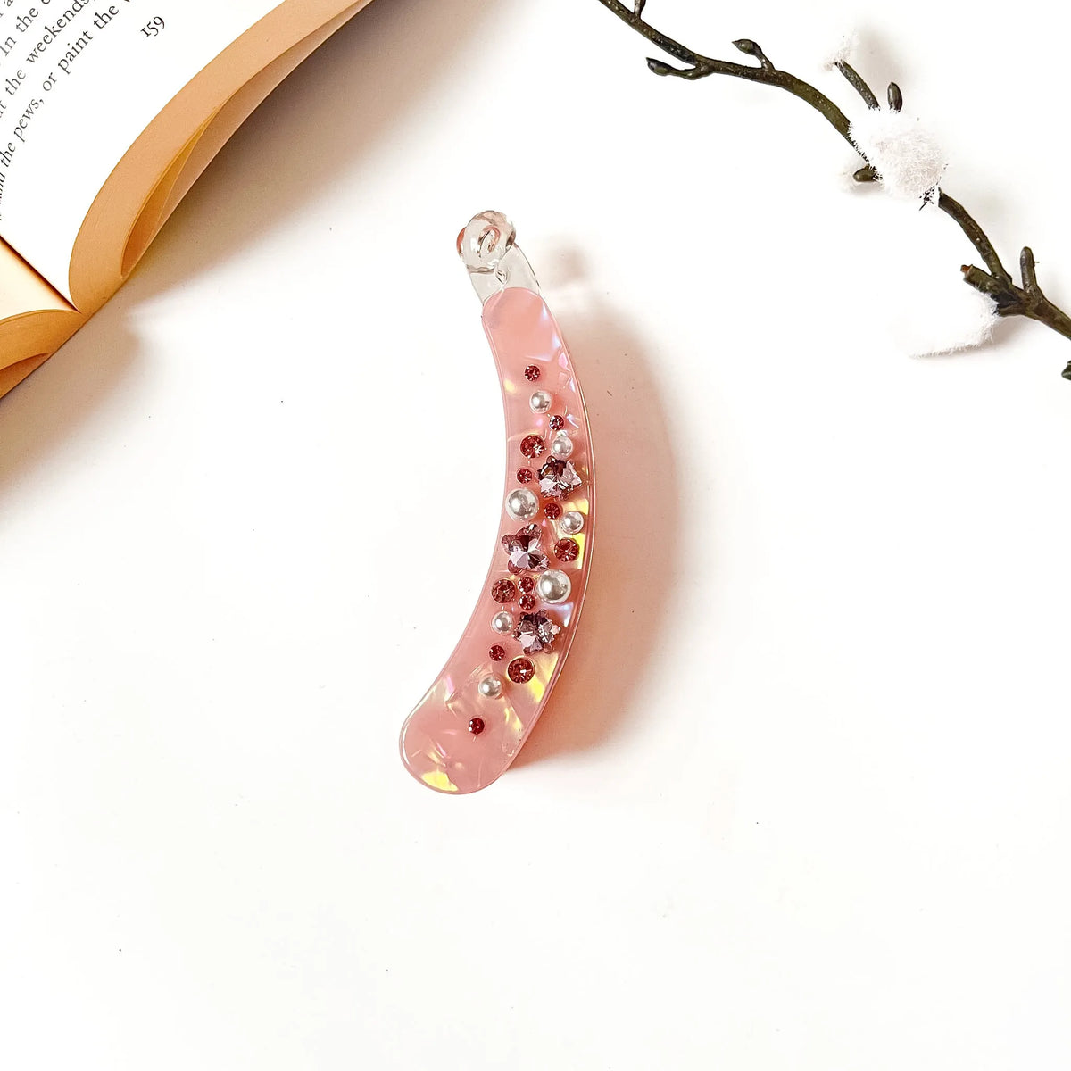 Blush pink pearl lock banana clip with rhinestones, small to medium hair styling clip