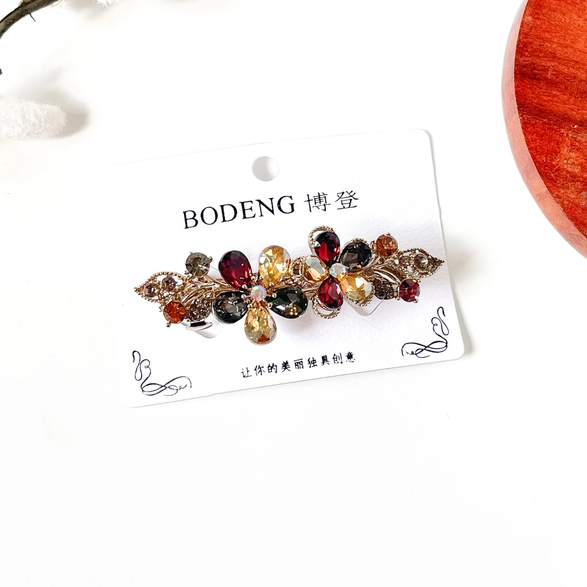 Harvest multicolour flower barrette with burgundy, champagne and smoky grey stones, a vintage-style side hair clip