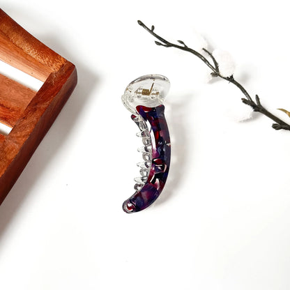 Plum purple marbled banana clip with clear jaw, 8 cm banana clip for medium hair