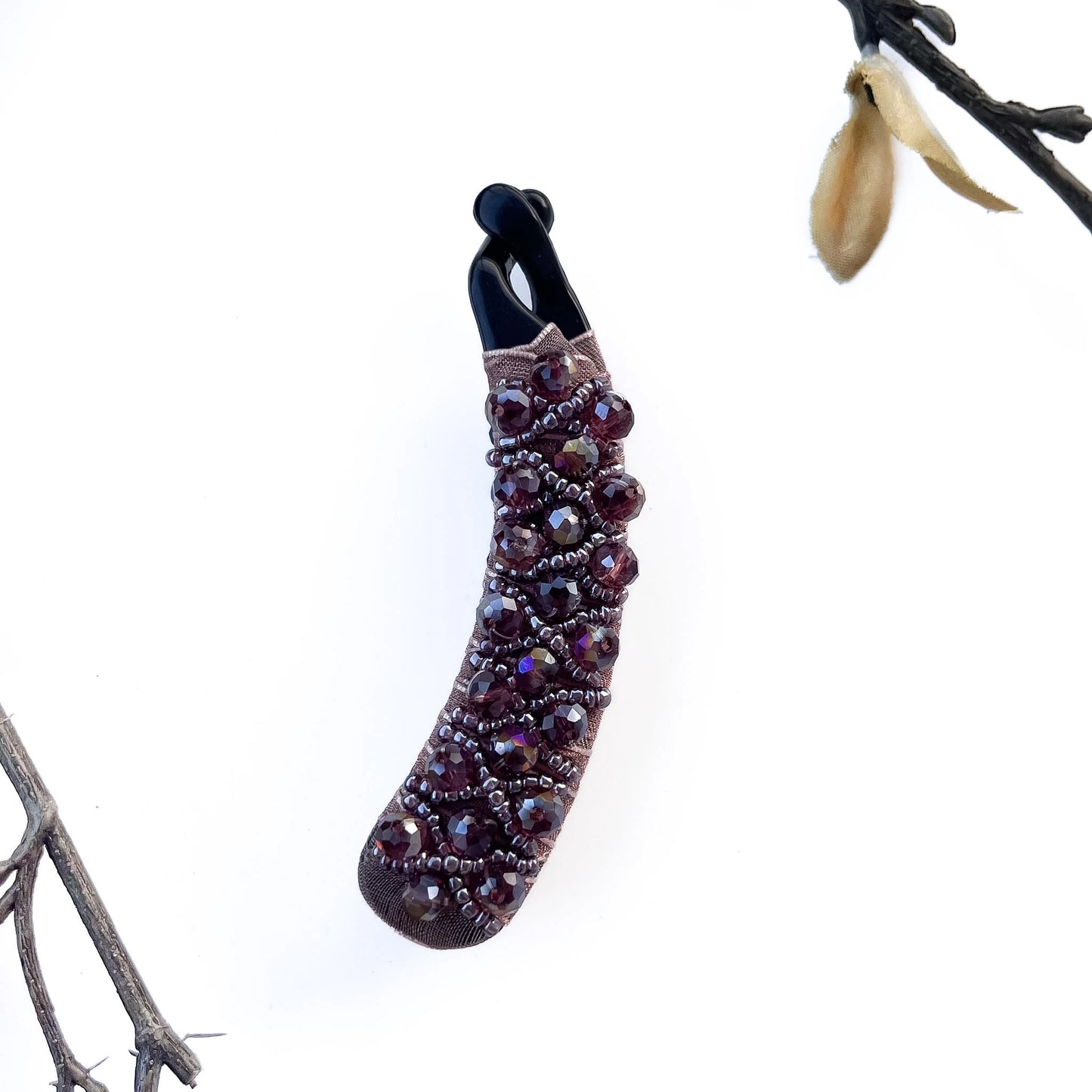 Rich maroon crystal banana clips with handcrafted bead embroidery