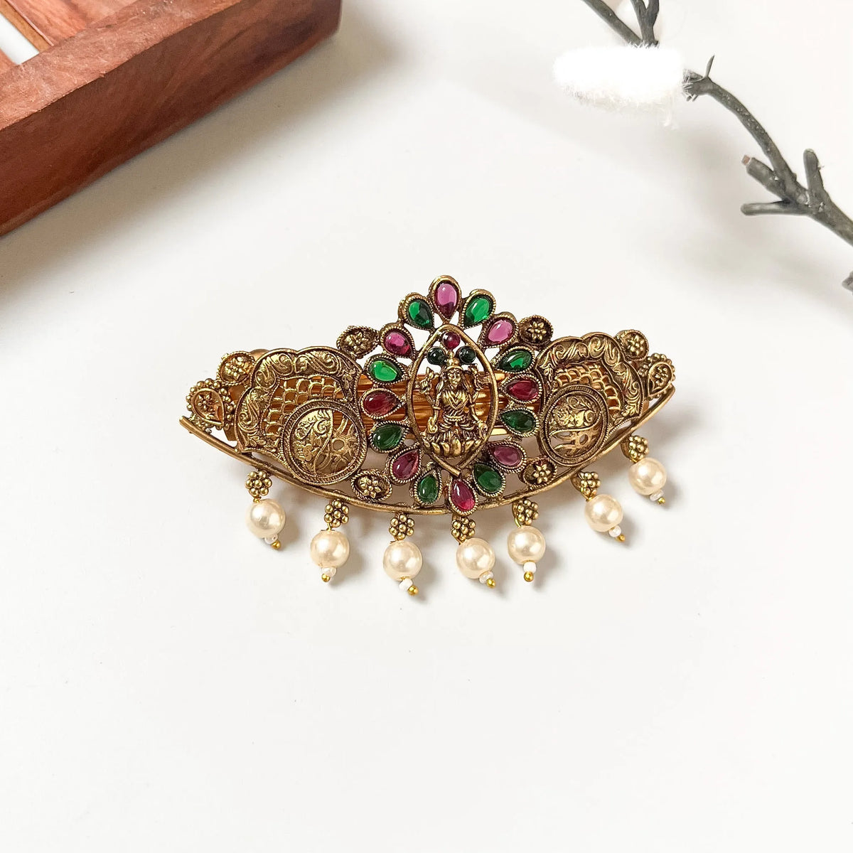 Antique gold Lakshmi centre clip with red and green kemp stones and pearl drops