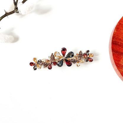 Harvest multicolour flower hair clip with burgundy, champagne and smoky grey crystals, a floral barrette for weddings